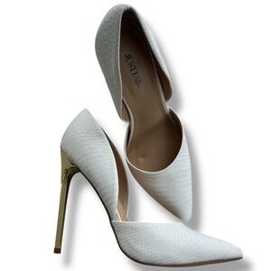 JUST FAB Women 9.5 White Gold Embossed Snakeskin Pointed Toe D'orsay Monika Heel